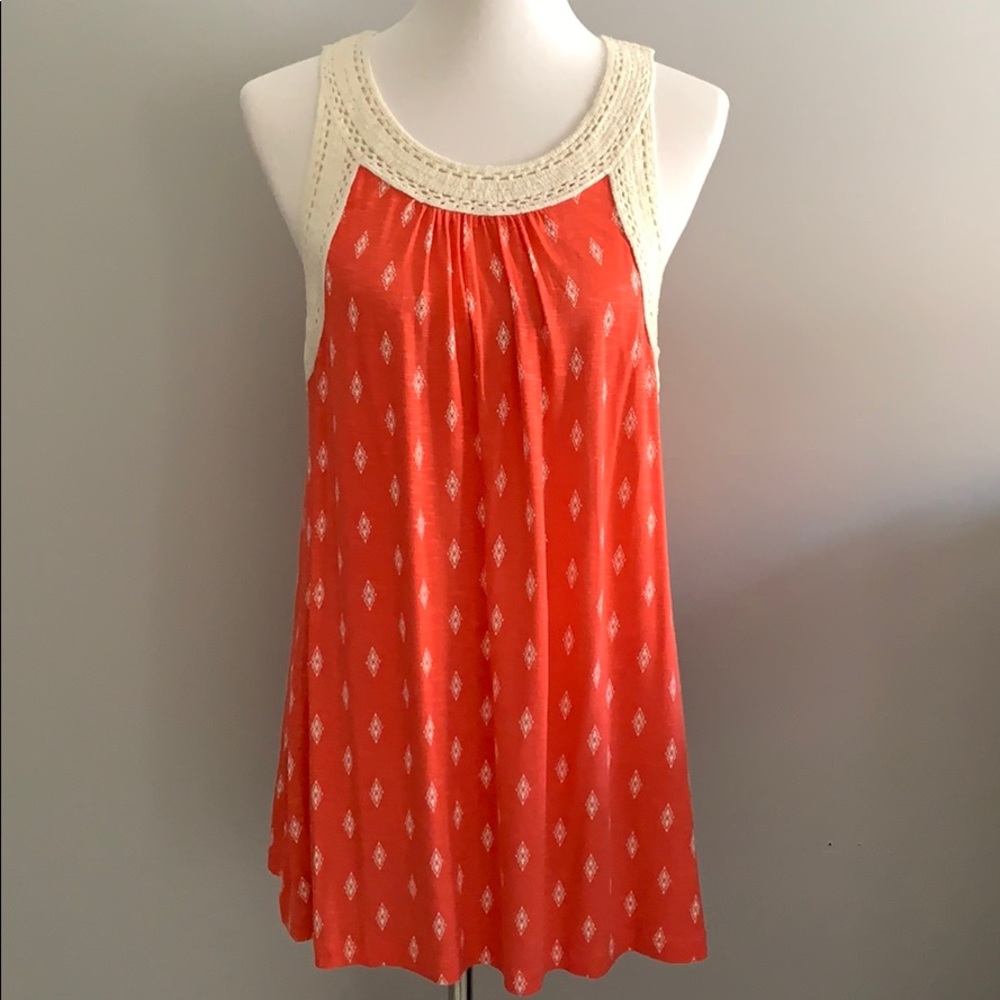 Lightweight coral tank with crocheted neckline.